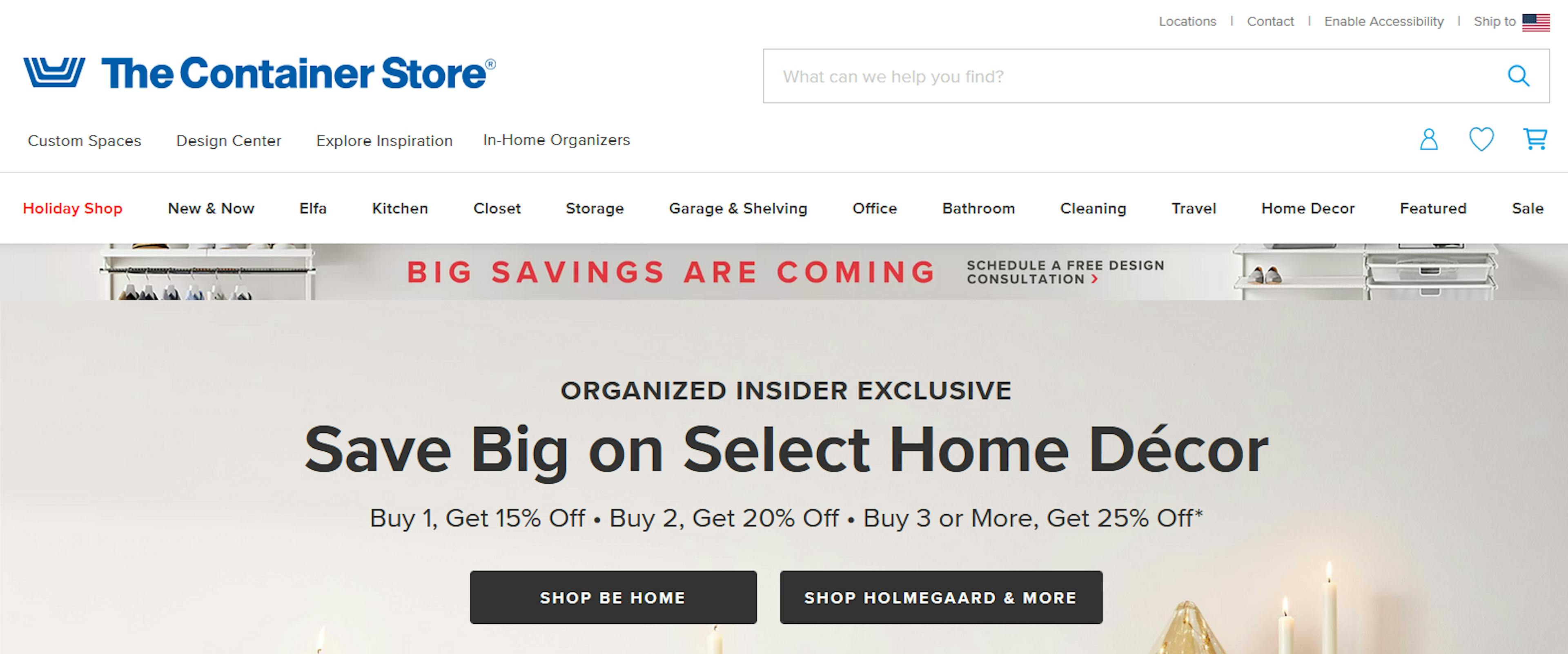 An image of the Container Store website.