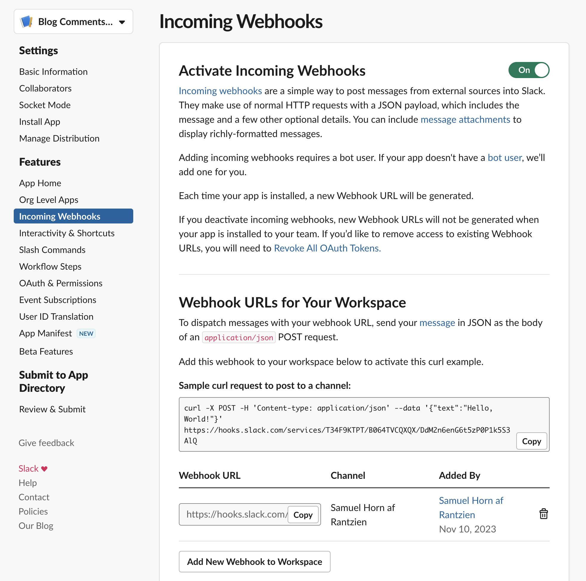 An image of setting up incoming webbooks on Slack.