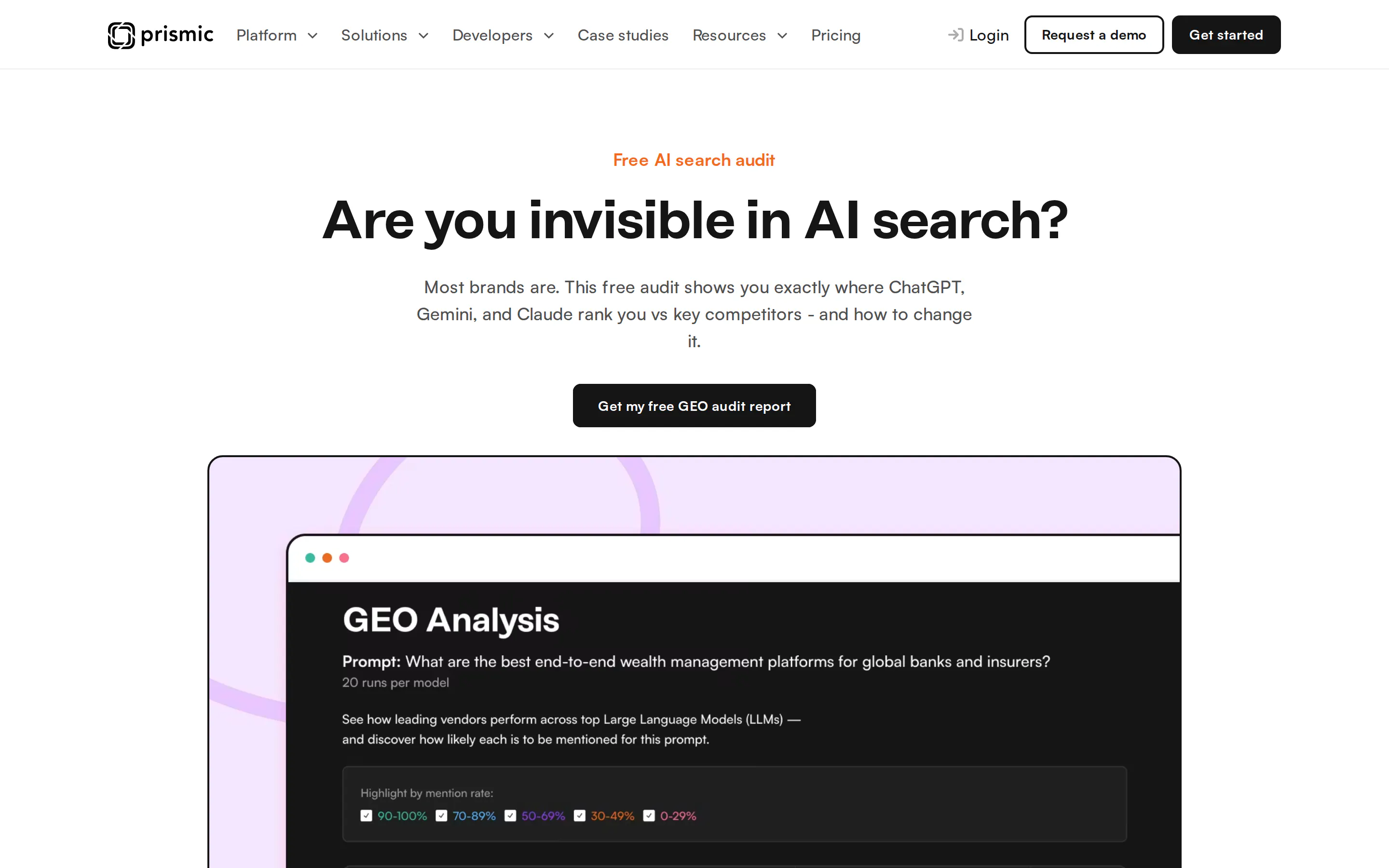 Prismic free GEO audit tool page, showing a GEO Analysis report that runs a prompt twenty times per model and highlights each vendor by mention rate across the major large language models