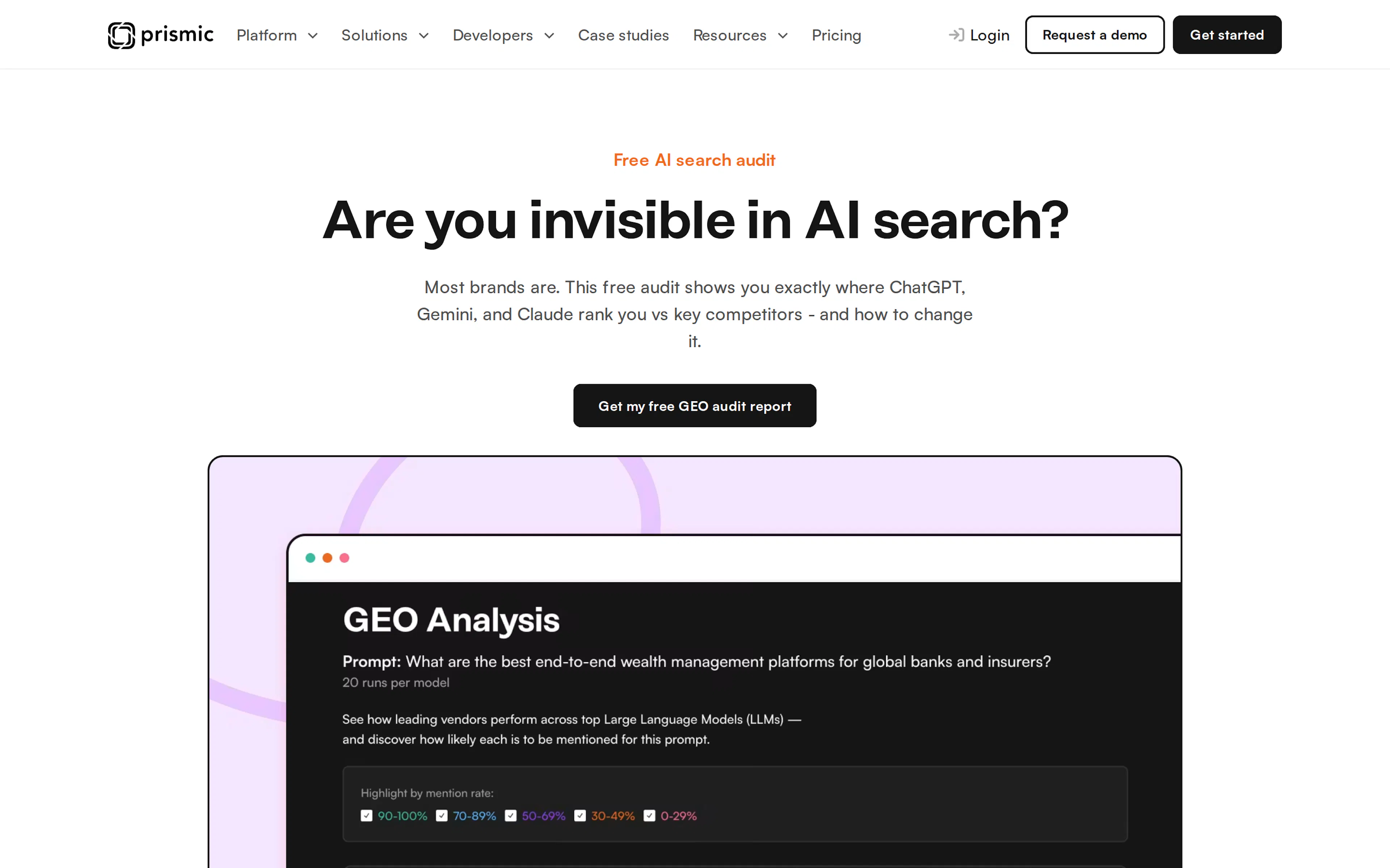 Prismic free GEO audit tool page, showing a GEO Analysis report that runs a prompt twenty times per model and highlights each vendor by mention rate across the major large language models