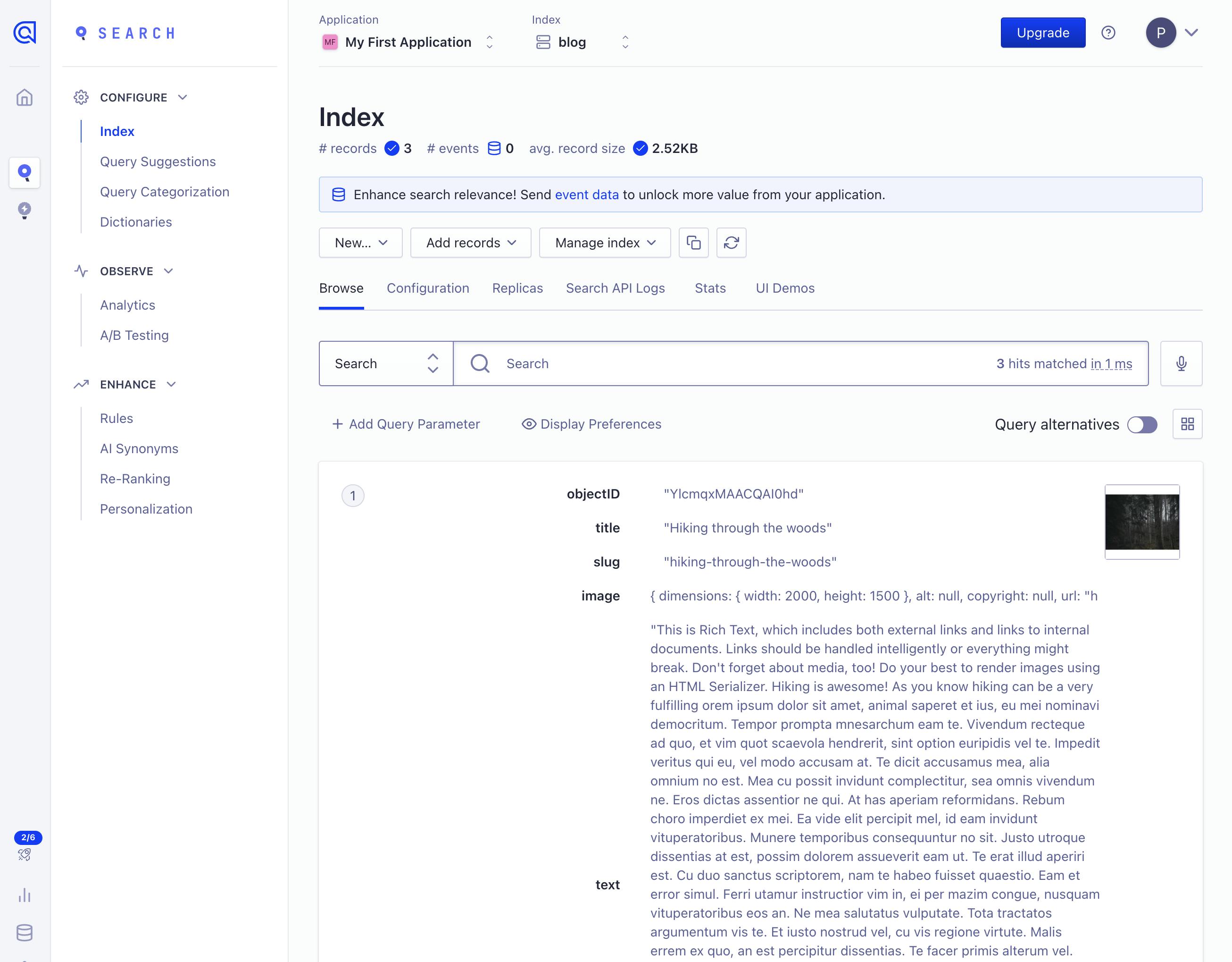 An image of the Algolia dashboard with our data.