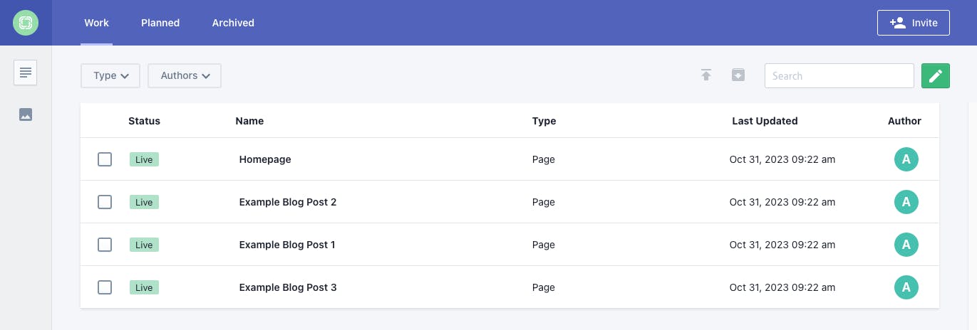 An image of the Prismic page builder with our starter docuements.