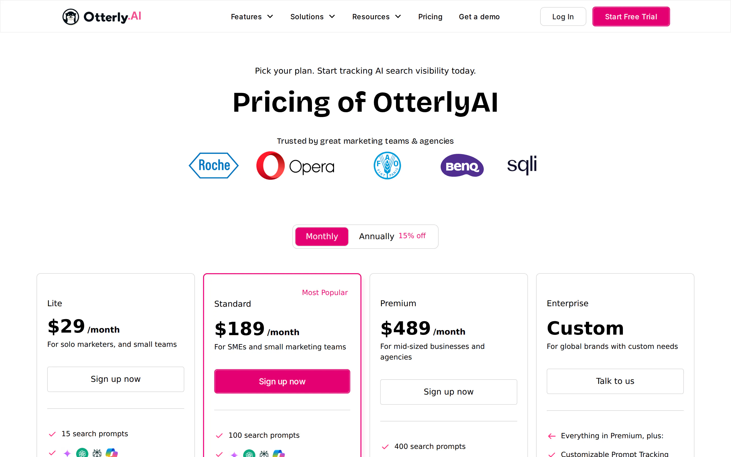 Otterly pricing page showing Lite at $29 per month with 15 search prompts, Standard at $189 with 100 prompts, Premium at $489 with 400 prompts, and a custom Enterprise tier
