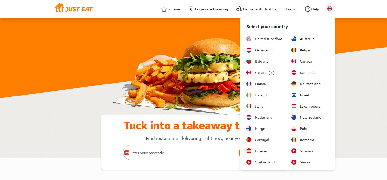 An image of JustEat language dropdown
