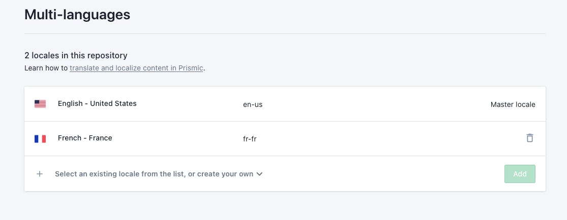 An image of our English and French locales in Prismic.