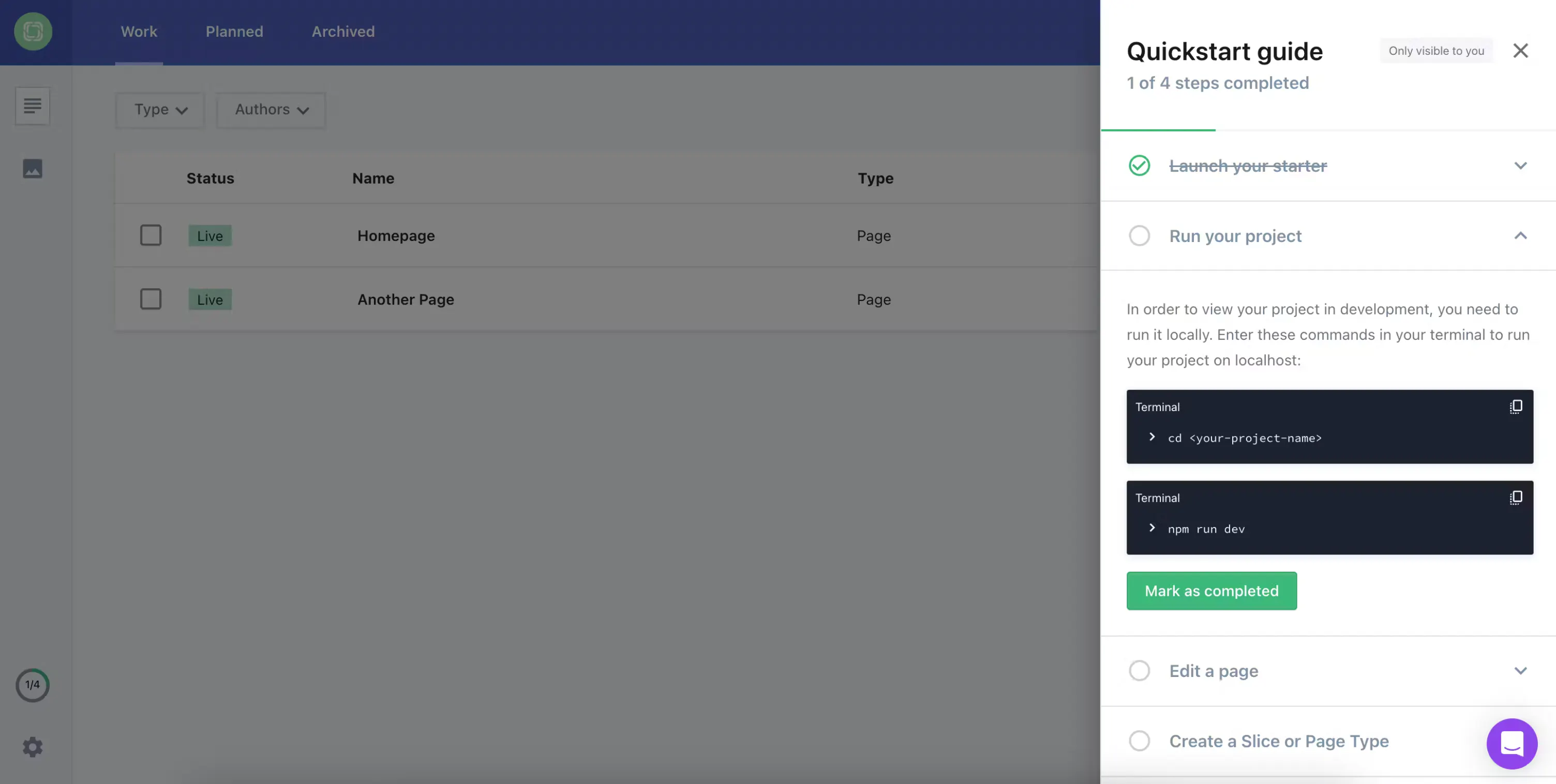 And image of the commands to run your project in Prismic.