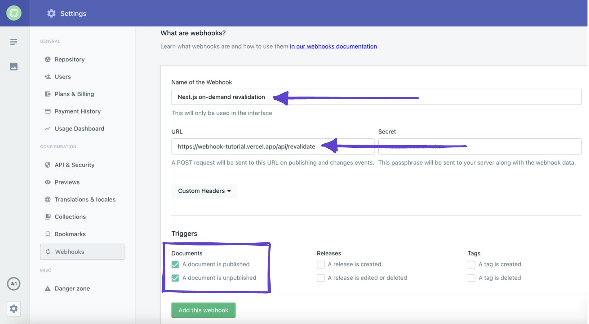 An image showing how to add a webhook in Prismic.