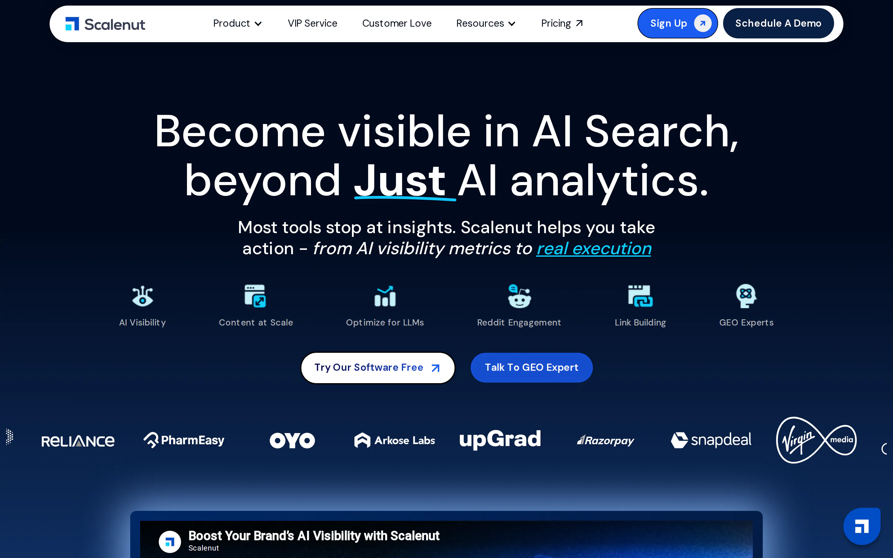 Scalenut product overview showing its span from AI visibility tracking through content at scale, LLM optimization, community engagement and link building