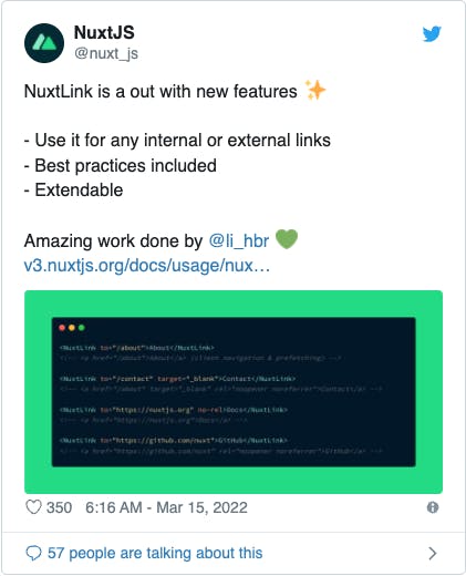 Screenshot of a tweet from @Nuxt_js that reads: "NuxtLink is a out with new features (sparkle emoji): use it for any internal or external links; best practices included; extendable; amazing work done by @li_hbr (green heart emoji) [link content]" The tweet had 350 likes and 57 replies.