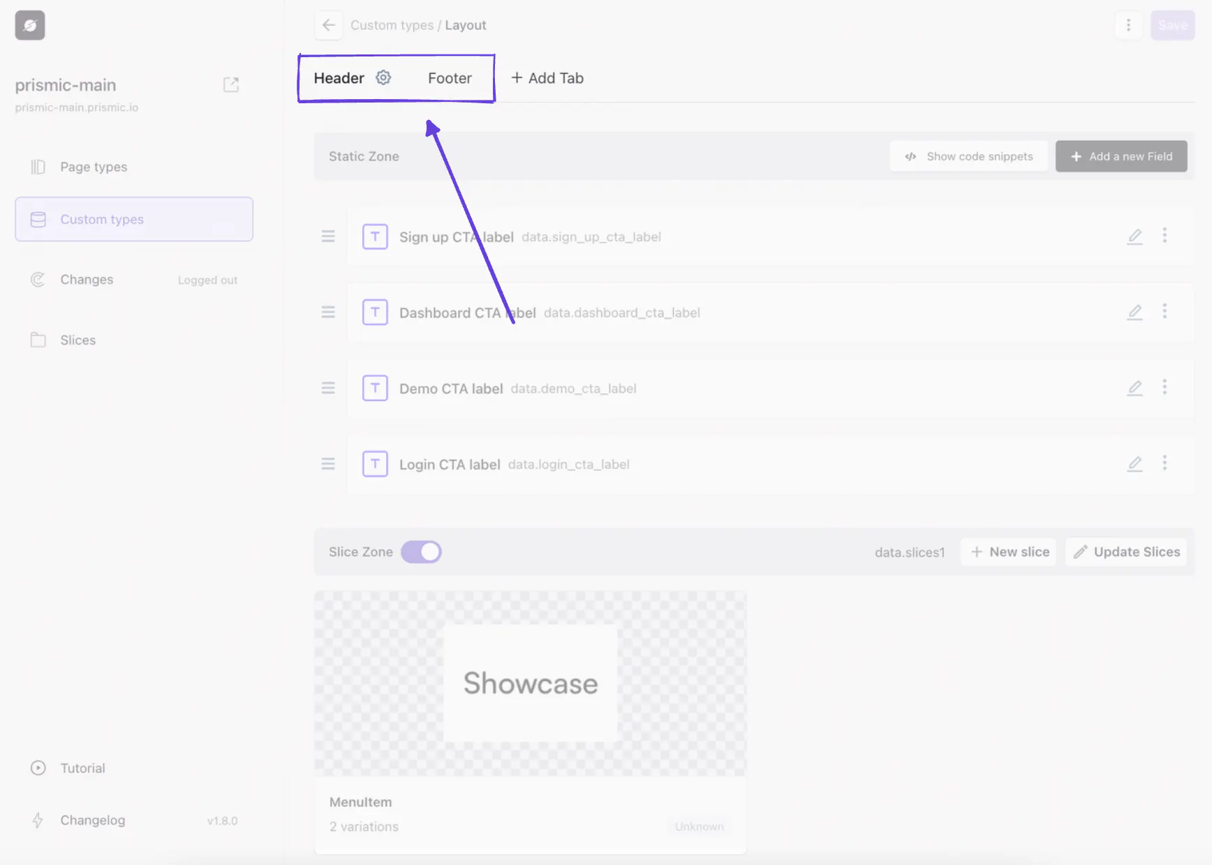 An image showing header and footer tabs in Slice Machine.