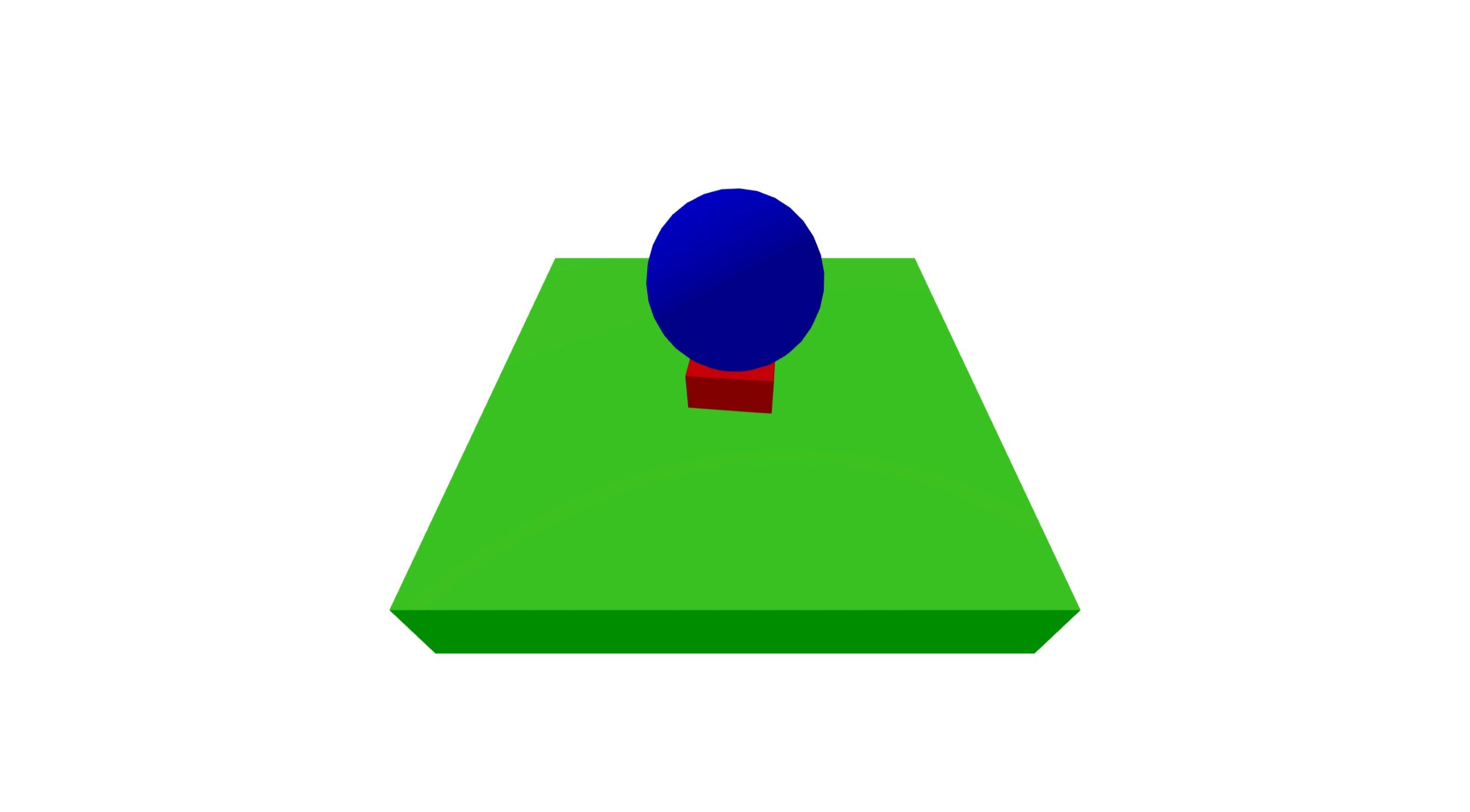 Screenshot of the 3D scene. At this stage, there's a green box that creates the floor of the scene with a blue ball bouncing stacked on top of a red brick in the center.