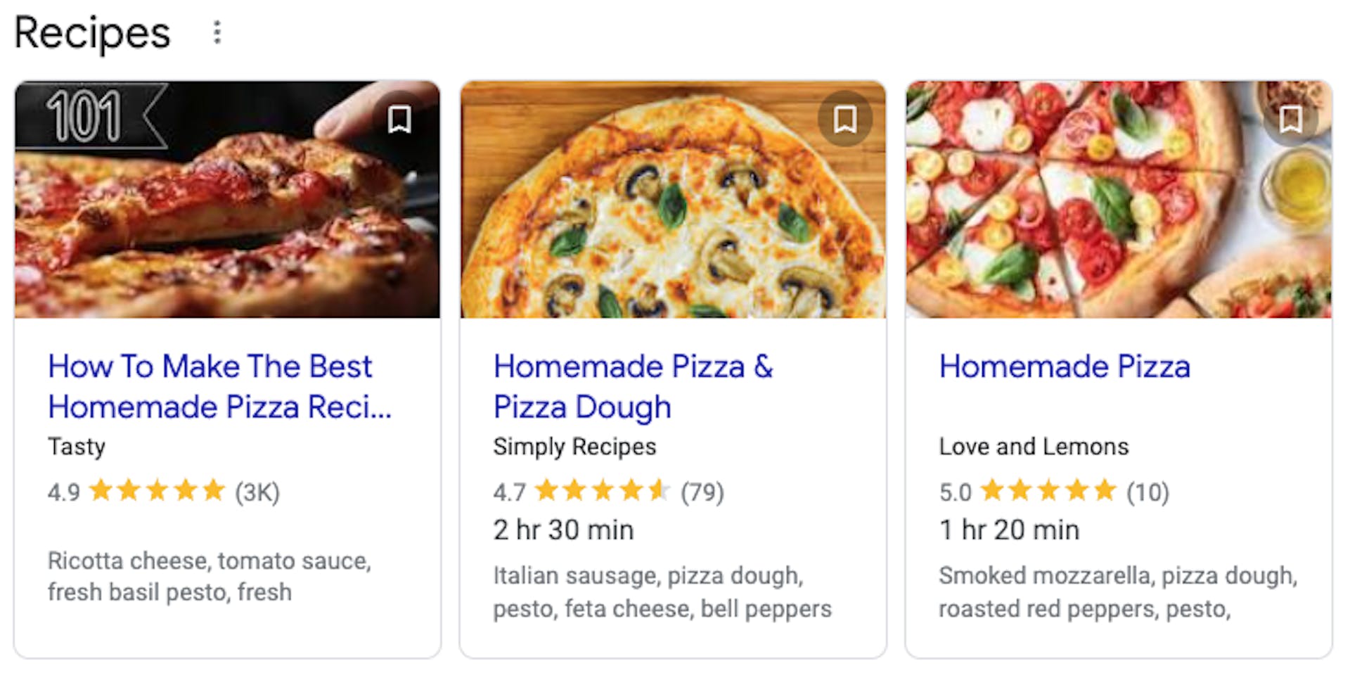 When a recipe blog post contains recipe structured data, Google can display it as a card in a "Recipes" carousel at the top of search results. Structured data can help Google understand things like how long it takes to make a recipe and then display that information on the card.