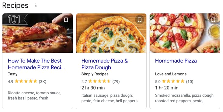 When a recipe blog post contains recipe structured data, Google can display it as a card in a "Recipes" carousel at the top of search results. Structured data can help Google understand things like how long it takes to make a recipe and then display that information on the card.