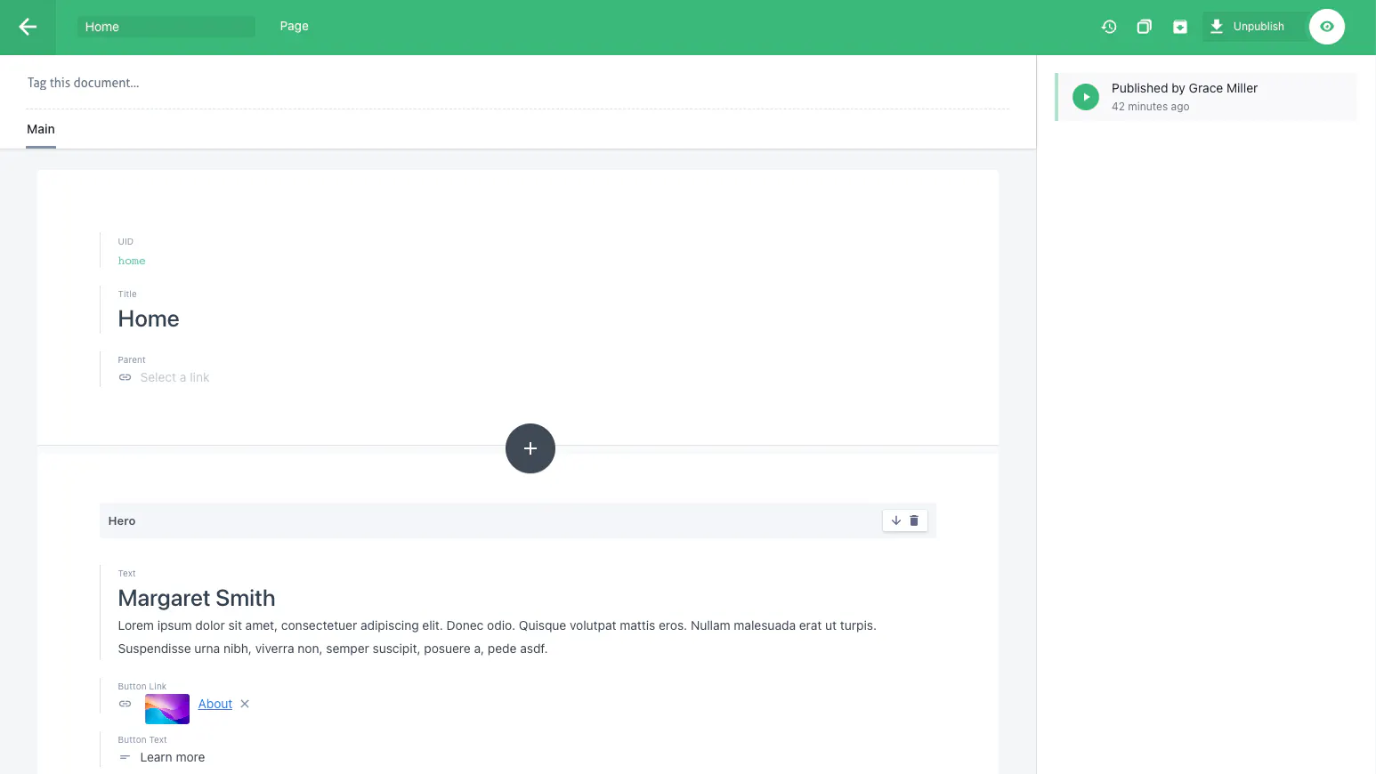 A screenshot of Prismic's cloud-based editor, displaying the home page document that contains the content for the atomic design example we coded above.