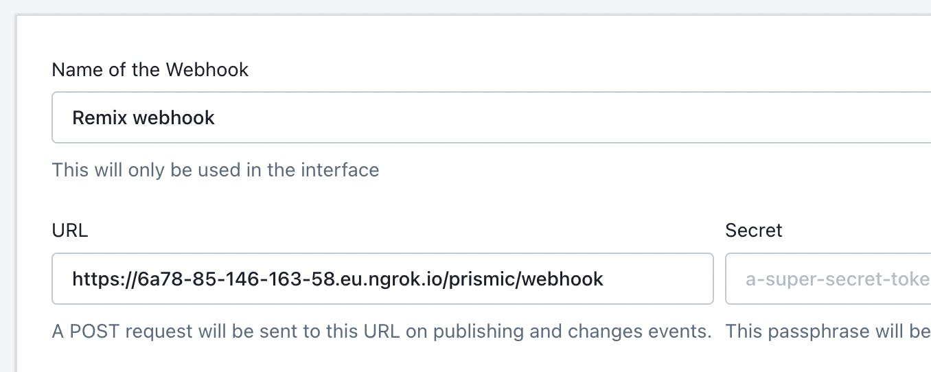Screenshot of the Prismic interface for editing webhooks. There are fields for naming the webhook, providing a URL for it, and providing a secret key for it.
