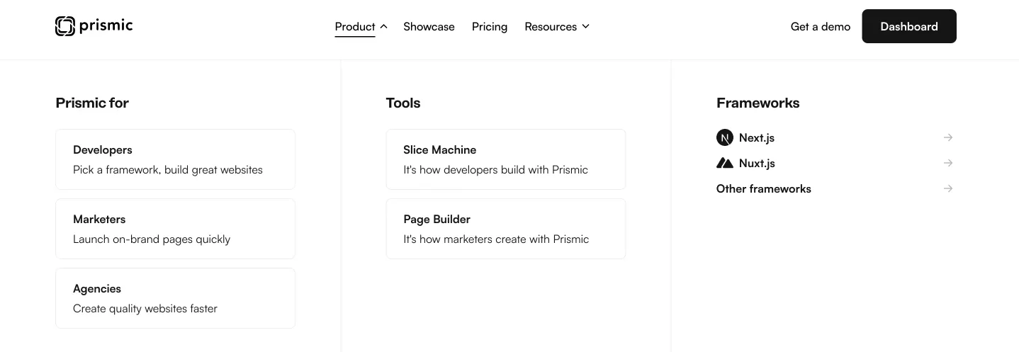 An image of the Prismic.io navigation.