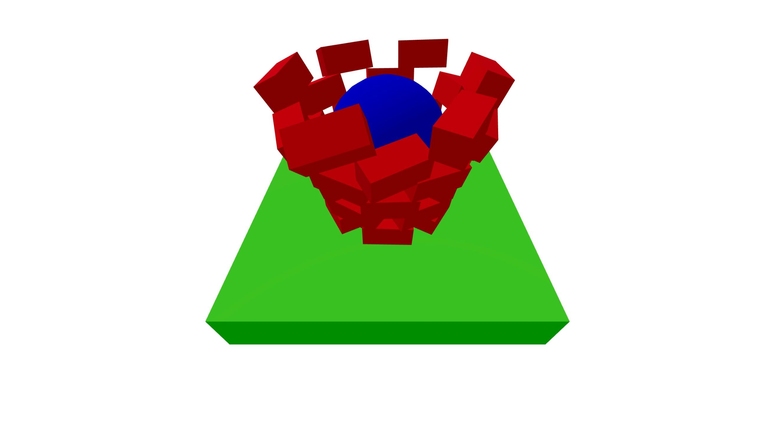 Screenshot of the 3D scene. At this stage, there's a green box that creates the floor of the scene with a tower of bricks exploding apart as a blue ball drops through the center of it.