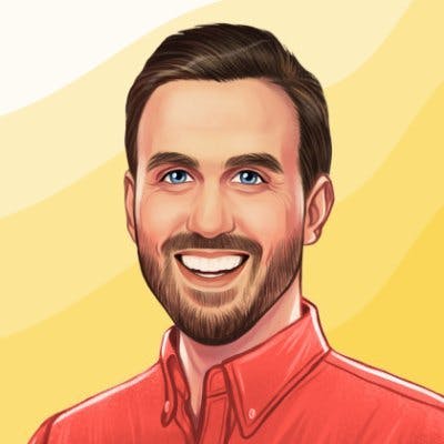 A graphic portrait of Alex Trost in a red shirt. He has brown hair and a beard with a warm smile.