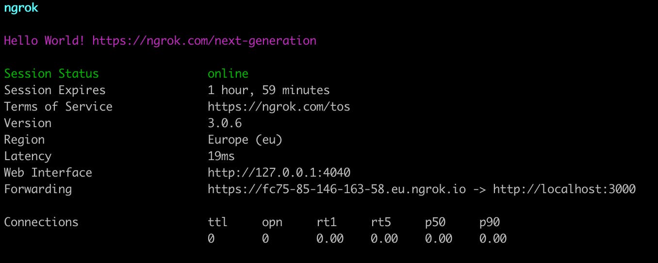 Screenshot of a terminal screen while ngrok is running. it shows a list of information that ngrok provides, including an entry titled "Forwarding" which contains the public URL for the localhost instance.