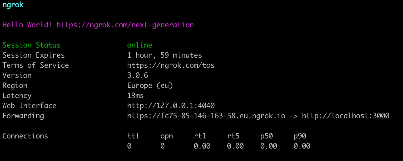 Screenshot of a terminal screen while ngrok is running. it shows a list of information that ngrok provides, including an entry titled "Forwarding" which contains the public URL for the localhost instance.