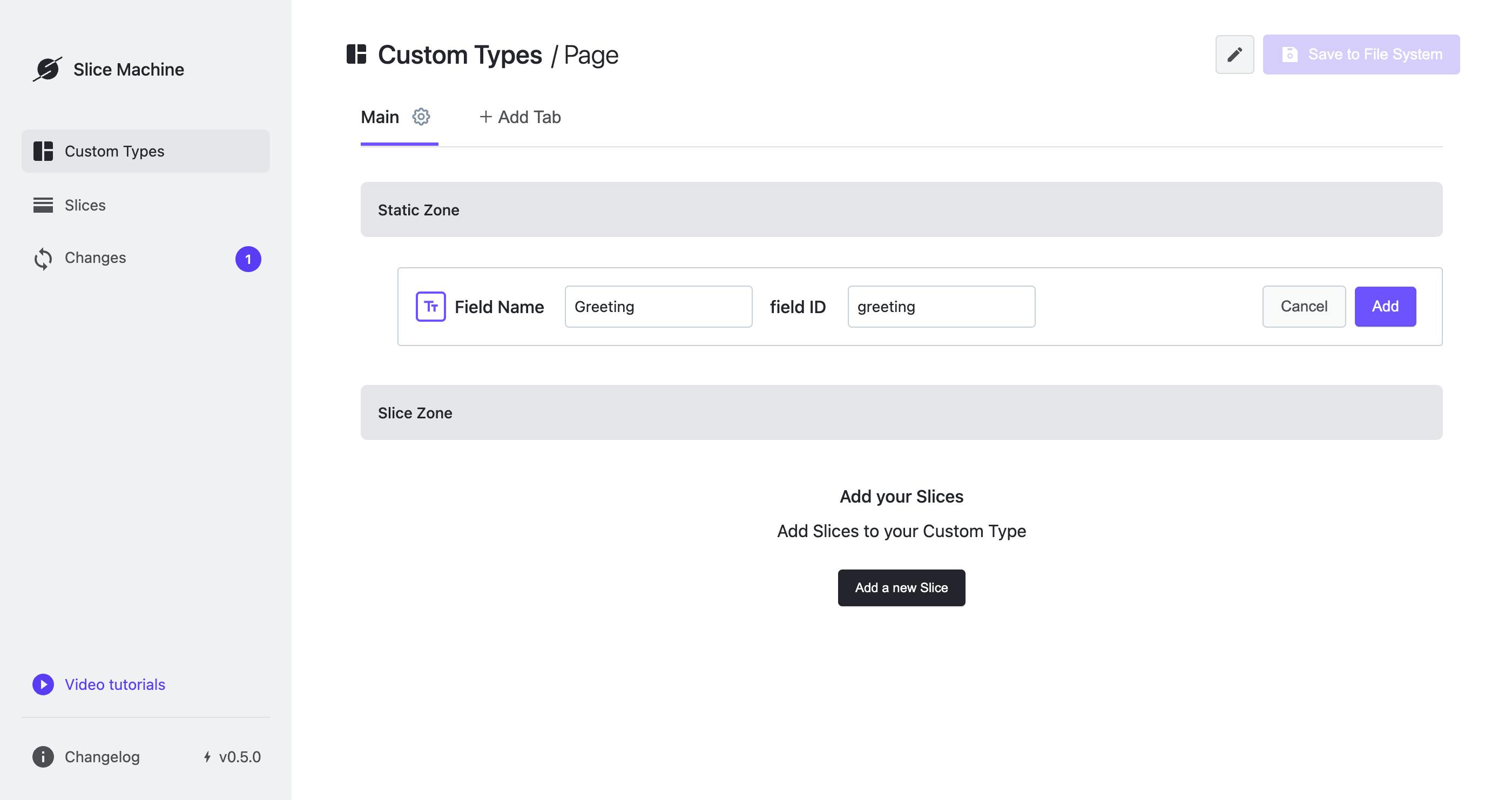 A screenshot of the Slice Machine interface for editing a Custom Type after a field has been added to the "Static Zone."