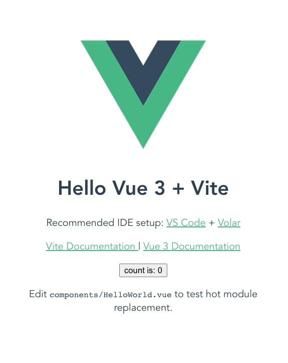 Screenshot of a Hello World Vue application. The text reads "Hello Vue 3 + Vite" with links below to documentation, as well as a button with a click counter set to 0.