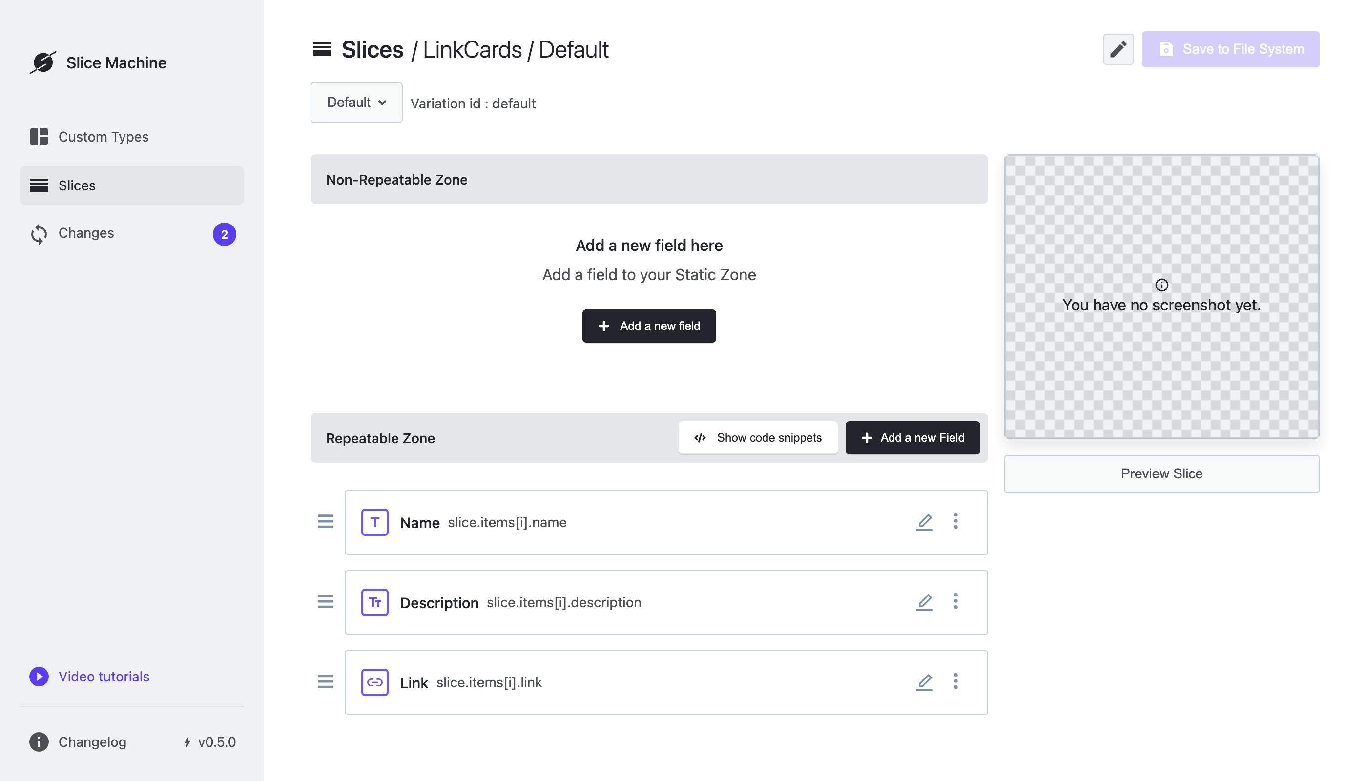 A screenshot of the Slice Machine editing interface where a new LinkCard Slice is being created. Now the Slice has three fields in the "Repeatable zone."