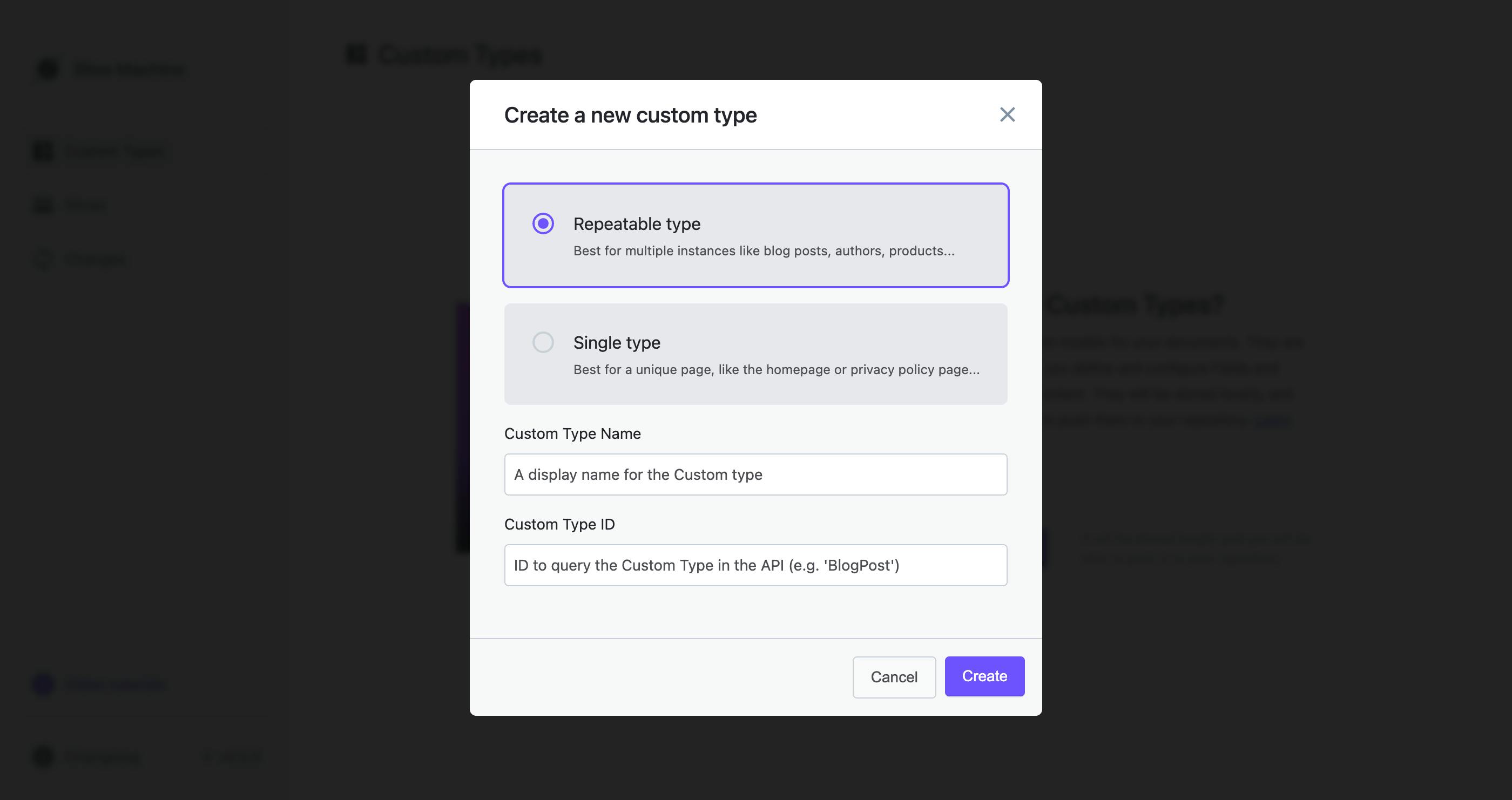 A screenshot of the Slice Machine interface with a modal in the middle for naming the Custom Type.