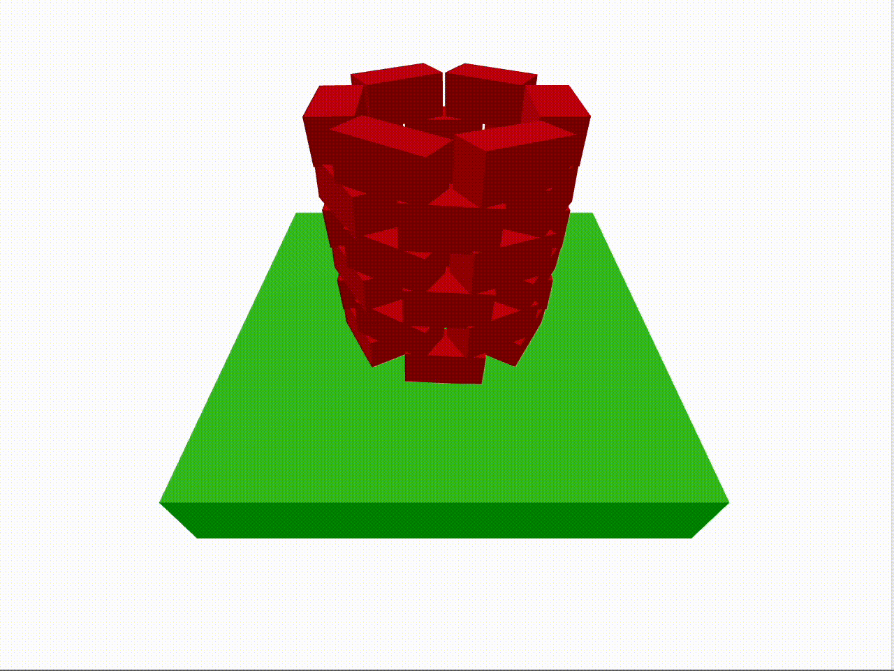 GIF of the 3D scene. At this stage, there's a green box that creates the floor of the scene with a tower of red bricks sitting on top of it. A blue ball drops from above the scene, into the center of the tower of bricks, exploding them apart.