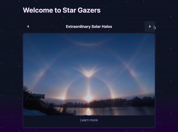 Screen recording: The complete Star Gazer's app. An animated carousel that populates dynamically with images and image titles.