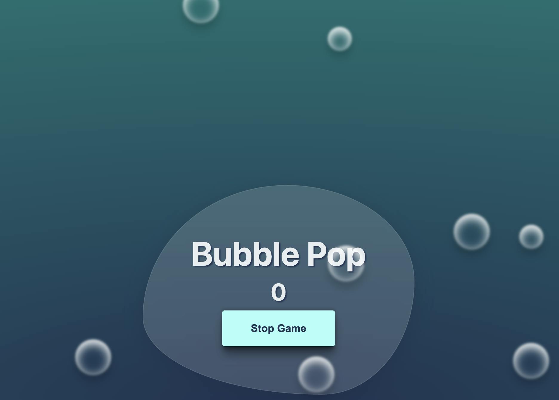 Screenshot of the bubble popping game built with Svelte. There are bubbles floating across the screen, a game title, a score of 0, and a button that says, "Stop Game" because the game is in session.