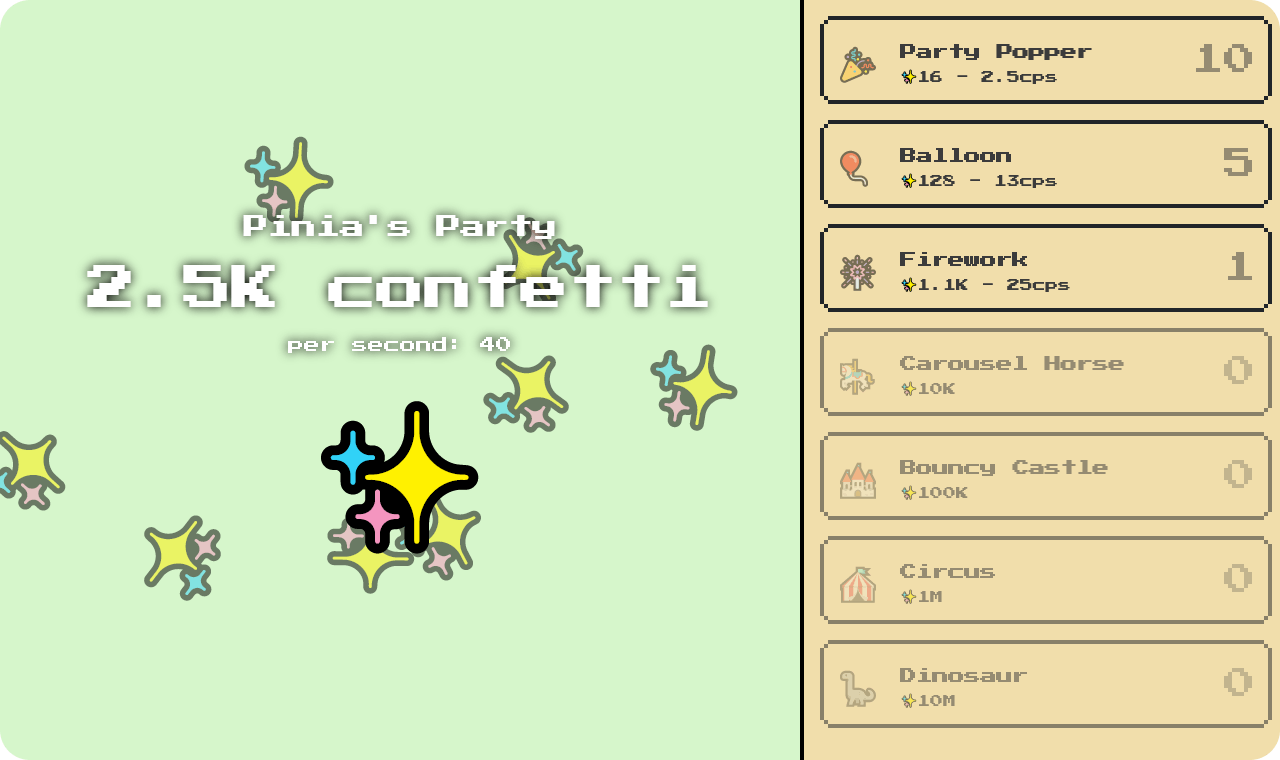 Pinia's Party game website, balance is at 2,500 confetti and growing by 40 confetti per second.