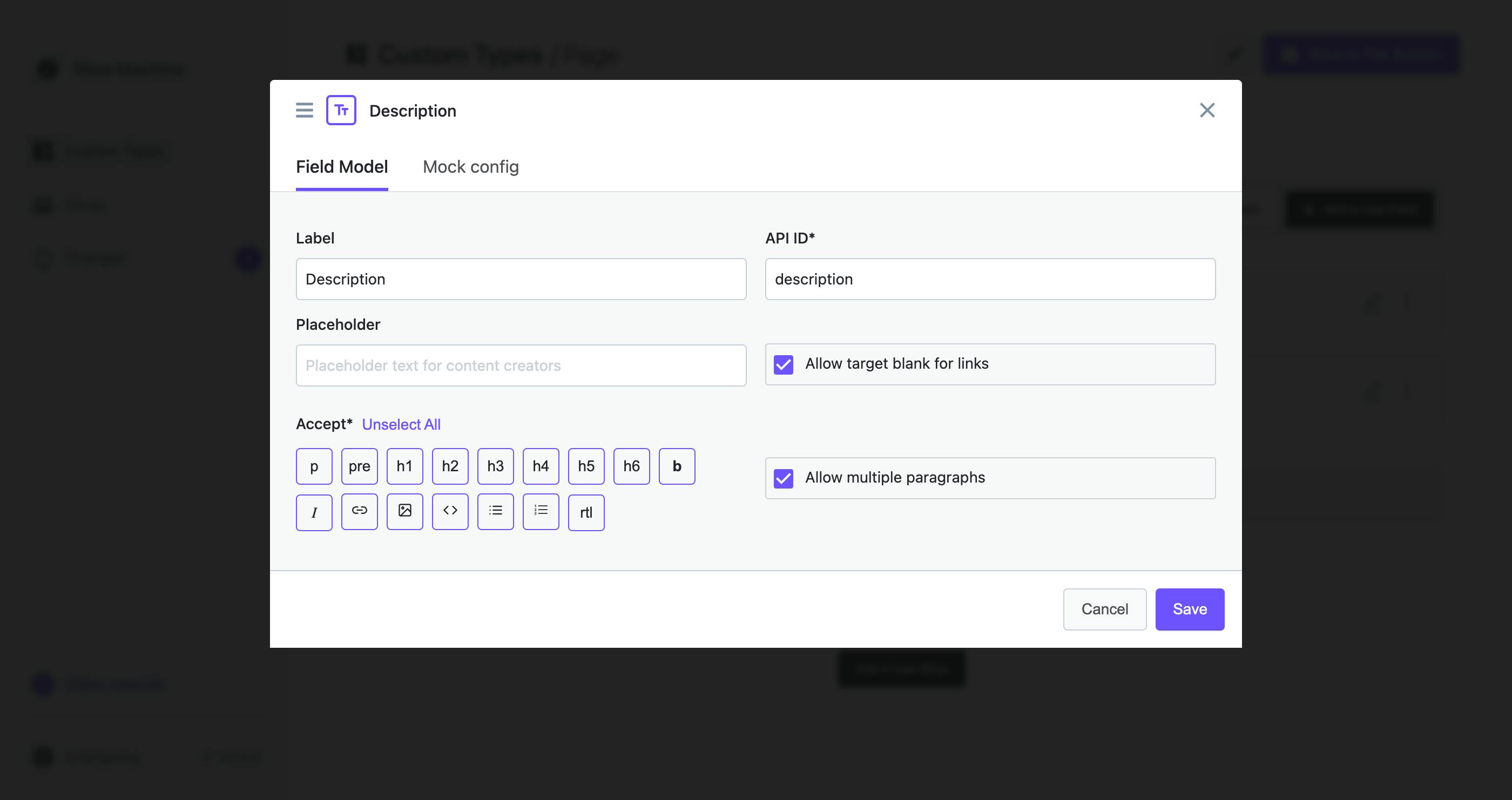 A screenshot of the Slice Machine interface displaying a modal for editing a field in a Custom Type.