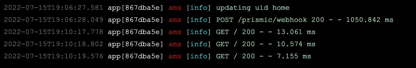 Screenshot of a terminal screen with the speed of three get requests in a row to show the results of caching. The first takes 13.061 ms, the second takes 10.574 ms, and the last one takes just 7.155 ms. 