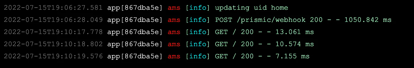 Screenshot of a terminal screen with the speed of three get requests in a row to show the results of caching. The first takes 13.061 ms, the second takes 10.574 ms, and the last one takes just 7.155 ms.