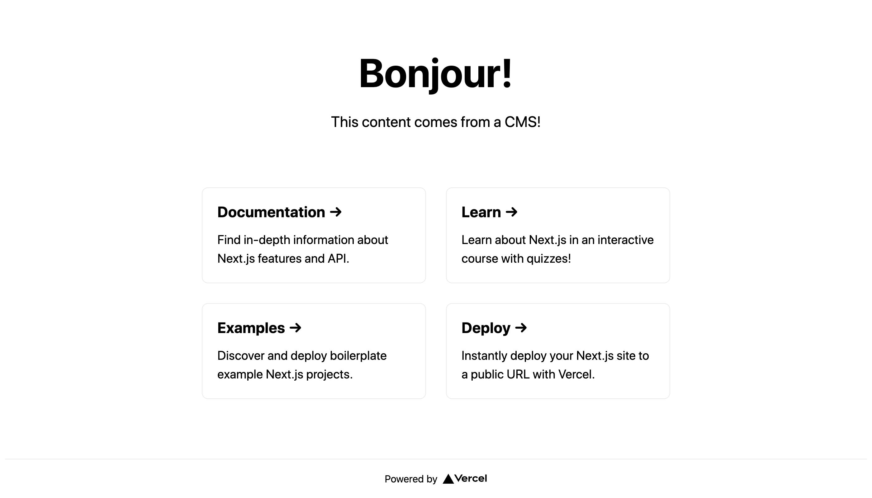 A screenshot of the re-coded home screen produced by a Next.js app. Through the tutorial's instructions, the headline of the site is now, "Bonjour!"