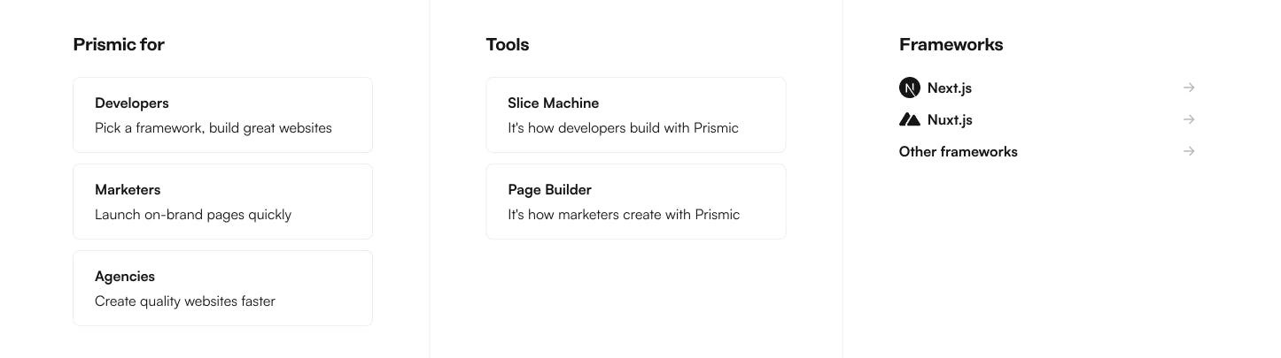 An image of the Prismic.io submenu.
