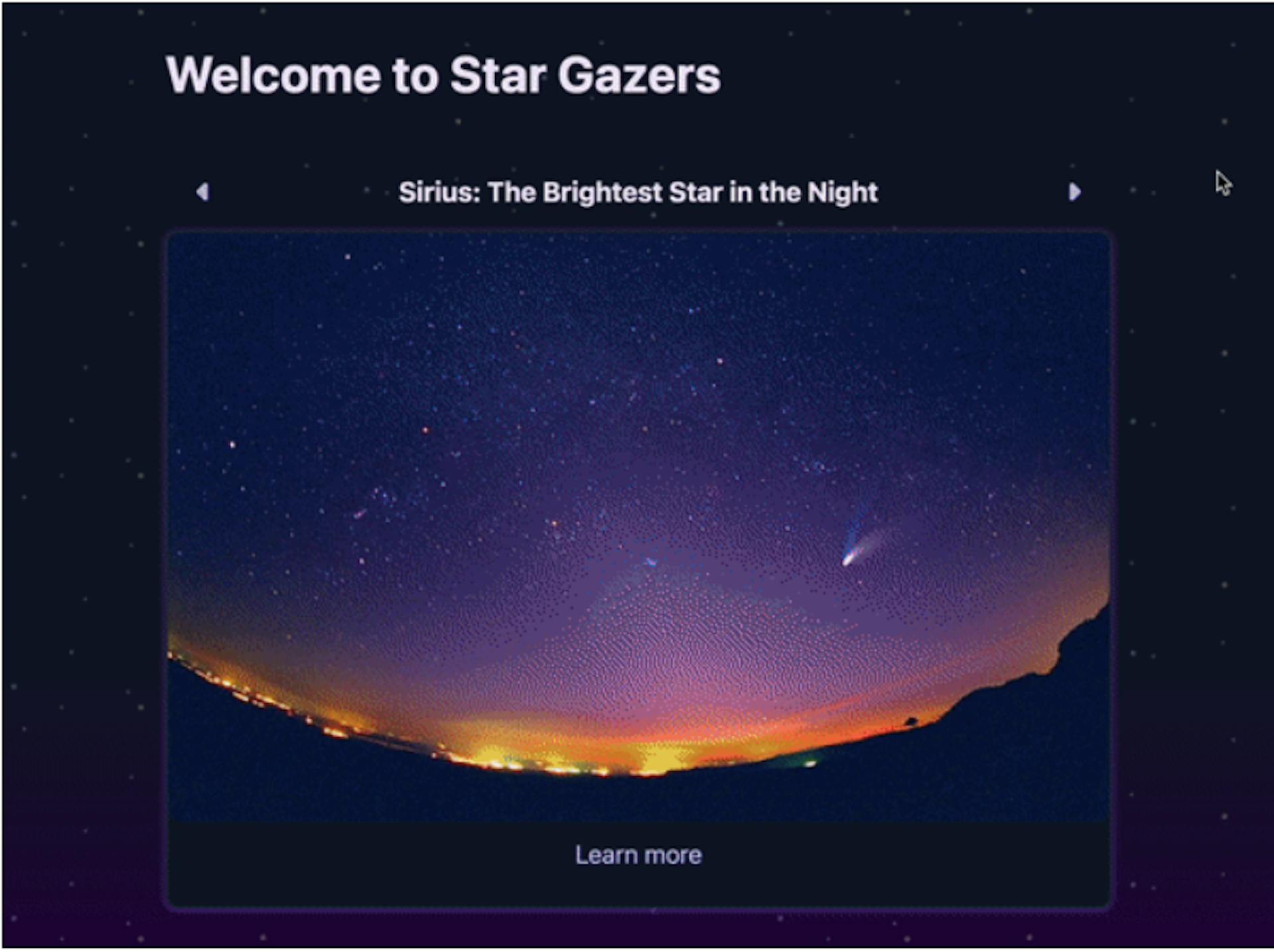 Screenshot: The complete Star Gazer's app. An animated carousel that populates dynamically with images and image titles.