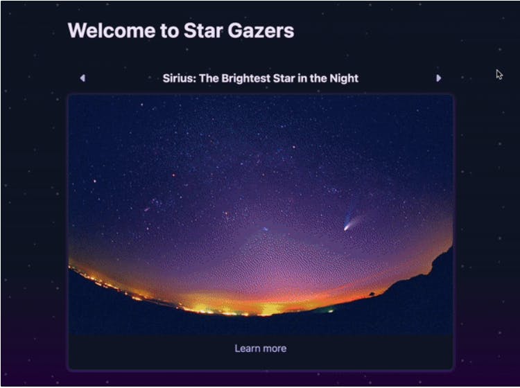 Screenshot: The complete Star Gazer's app. An animated carousel that populates dynamically with images and image titles.