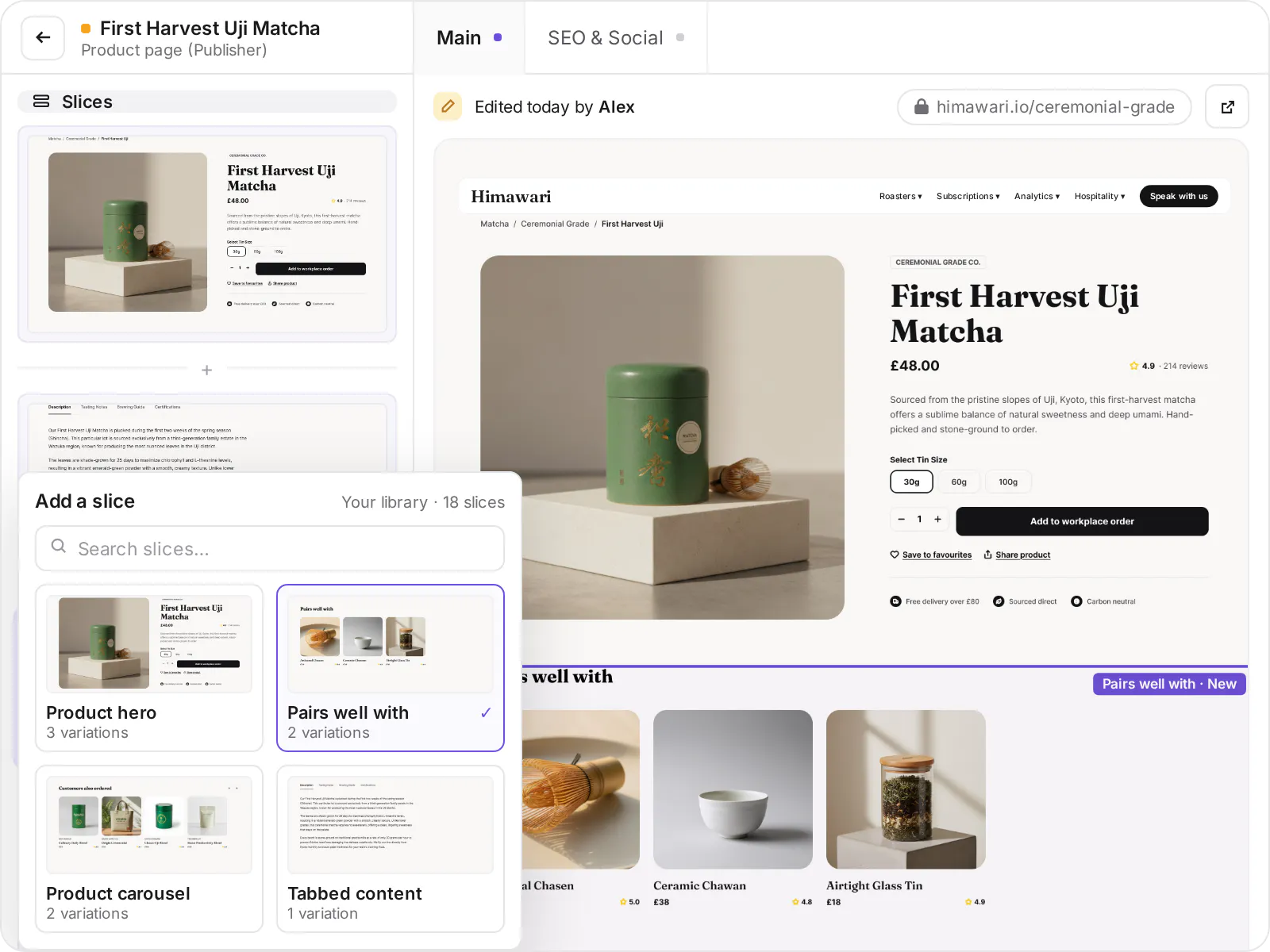 Page Builder: adding a Pairs well with slice from your slice library