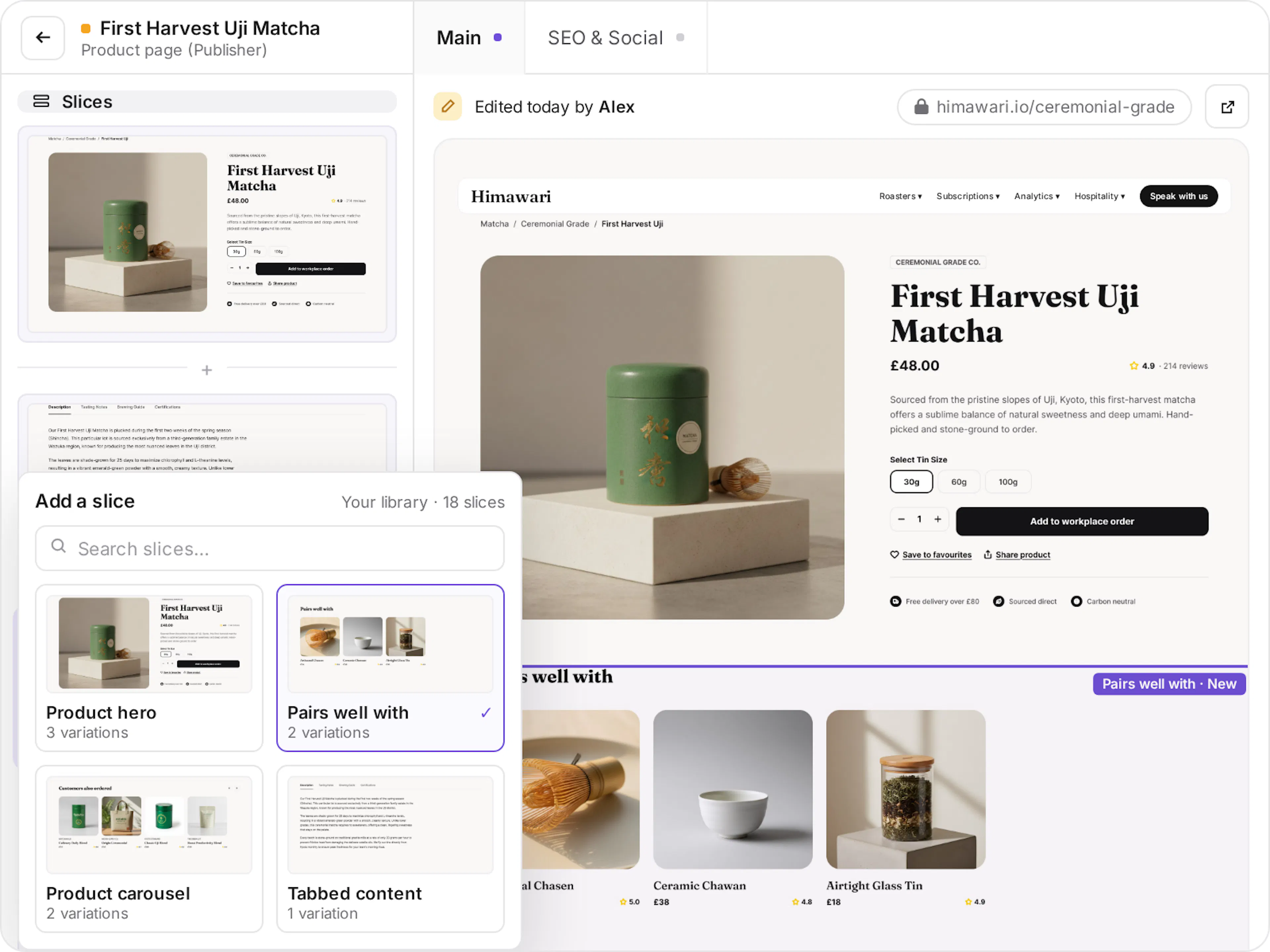 Page Builder: adding a Pairs well with slice from your slice library