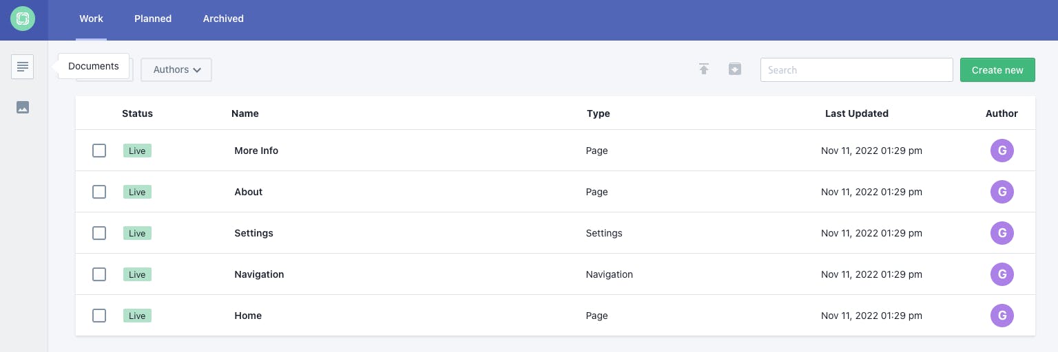 A screenshot of Prismic's cloud-based editor, displaying the document list page.