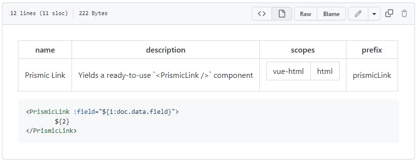 GitHub Markdown preview of the above Prismic Link snippet for Vue.