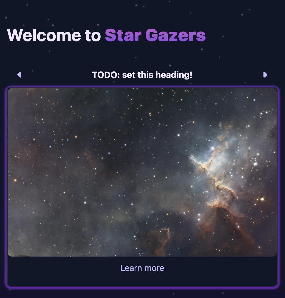 Screenshot: the Star Gazer's app with the same heading, but with the images stacked into a carousel. At this state, the heading is not dynamic yet.