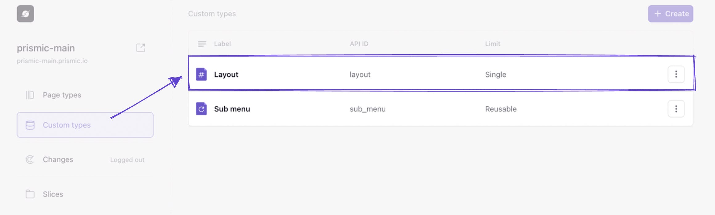 An image of our Layout and Sub menu custom types in Slice Machine.