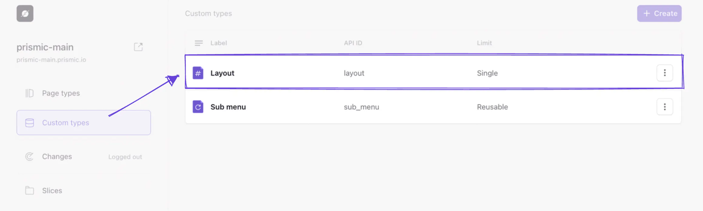 An image of our Layout and Sub menu custom types in Slice Machine.
