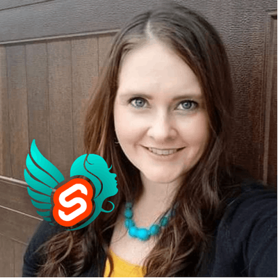 A portrait of Brittney Postma smiling, with an overlaid logo for the Svelte Sirens community.