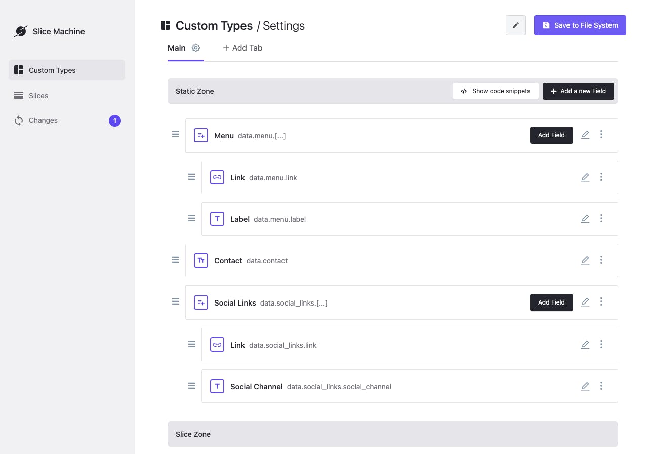 A preview of the interface with the completed Static Zone on the Settings Custom Type, displaying all of the fields from the instructions above.