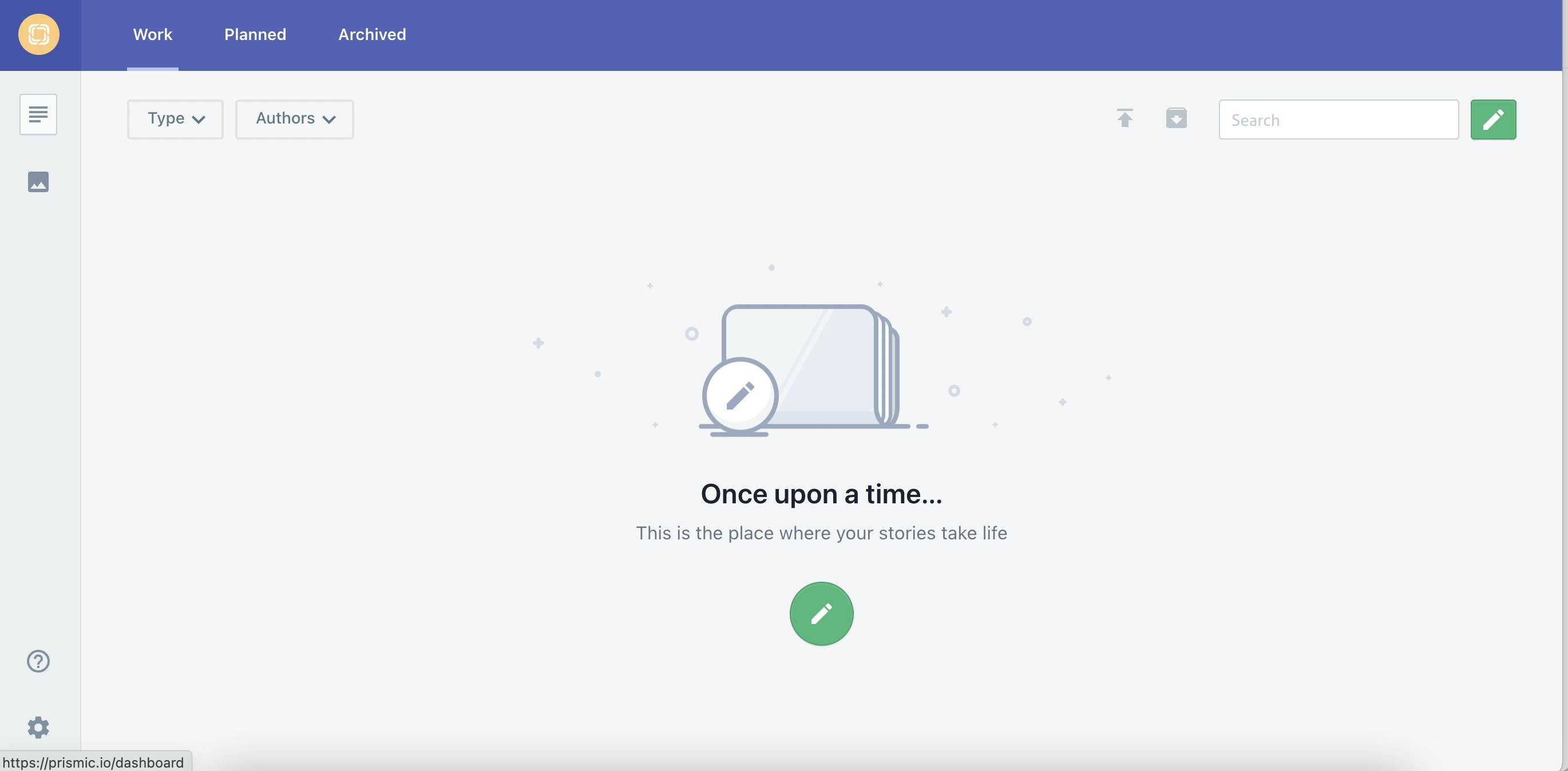 A screenshot of a Prismic repository's editing interface before any new pages have been added. There's a start screen that says, "Once upon a time ..."