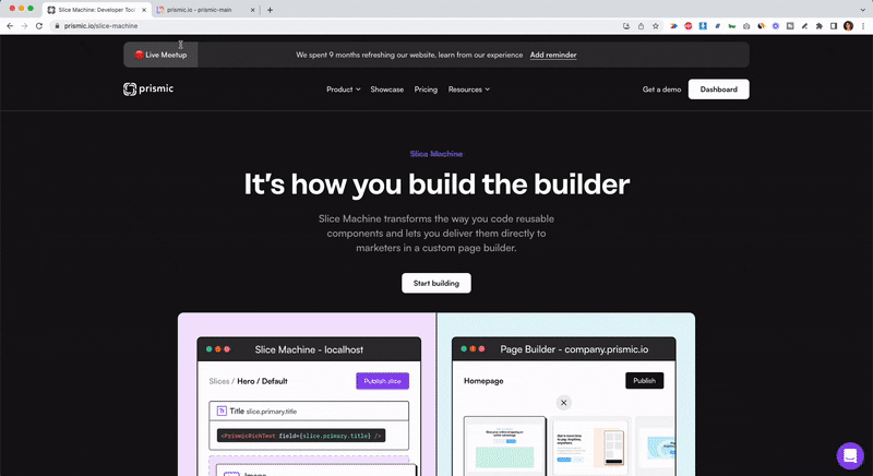 A screen recording of what it's like to add content to one of our website pages in Prismic's page builder, and then to see it live on our website.